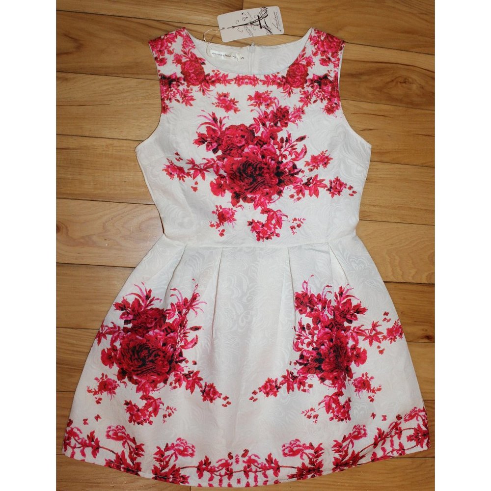 Boutique Dress Pink/Red Roses on White Damask